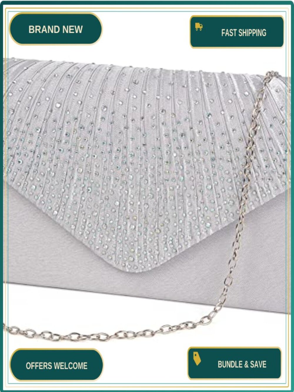 Satin Pleated Rhinestone Evening Clutch with Detachable O Chain Crossbody